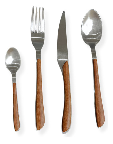 Set De Cubiertos 16 Piezas Acero Inox Mango Simil Madera 