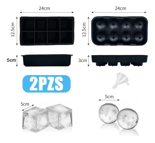 2 Molde Para Hielo Esferas Y Cubos Grandes Con Embudo