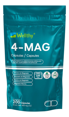 4-mag 200 Cápsulas Wellthy Mezcla De Magnesio, 100 Porciones Sin Sabor