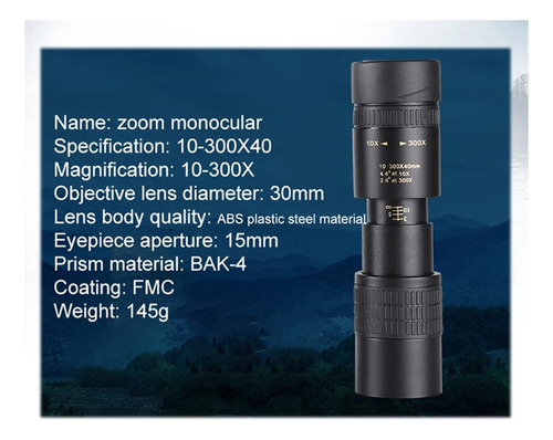 Telescopio Monocular Hd De 10-300 X 40, Teleobjetivo Móvil