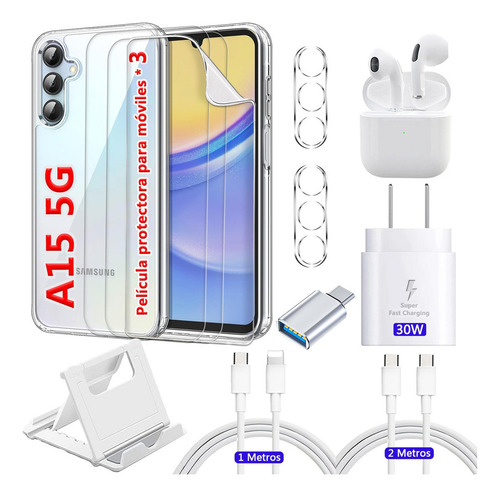 12 Kit Funda Transparente para Samsung Galaxy A15+30W Cargador Rápida con 2 Cable Tipo C para Samsung+Auriculares Bluetooth+2 Mica Hd+Película de Hidrogel+2 Mica Cámara+Adaptador USB-C