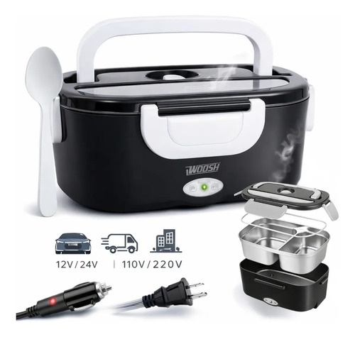Marmita Elétrica Preta Bivolt Portátil Doméstica Veicular 12/24v Lancheira 1.5l Com Divisórias Esquenta Rápido Woosh