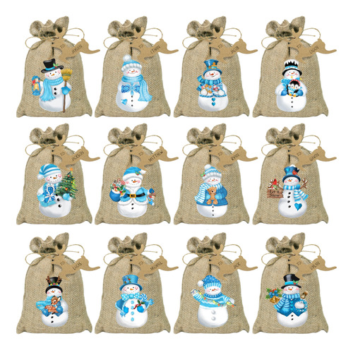 Bolsas Recuerdo Navideñas Arpillera 24 Pzs Hombre Nieve Azu