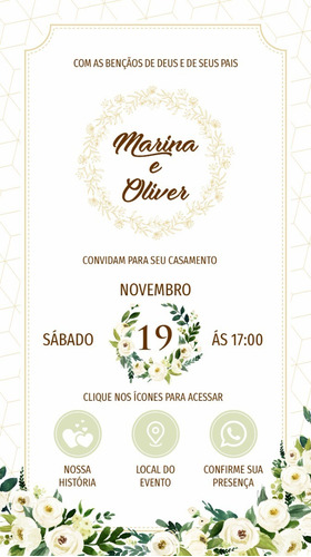Convite Casamento Digital Interativo Flores Brancas 106b