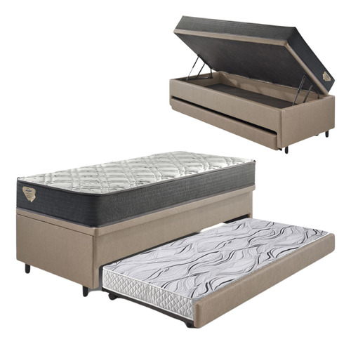 Bicama Box Baú 96x203 Bege Com Colchão Adapto Ecoflex