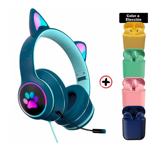 Auricular Gaming Cat Con Luz + Auri Inalambricos Bde