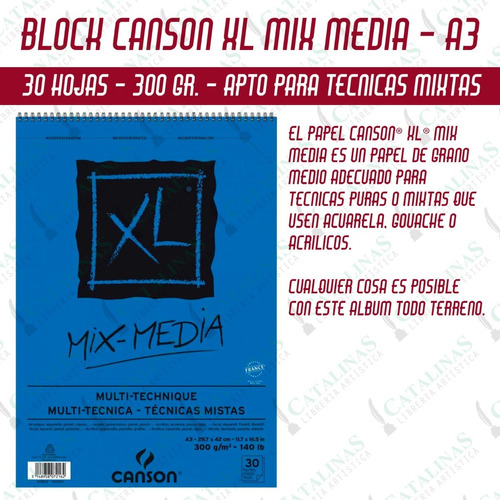 Imagen 1 de 3 de Block Canson Xl Mix Media 300grs  A3 /30 Hojas Microcentro