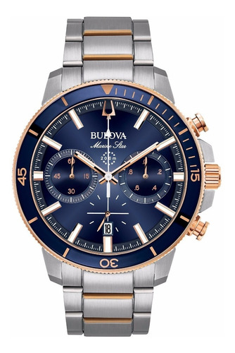 Relógio masculino Bulova Marine Star 98b301, cor de malha, prata, moldura, cor de fundo azul, cor de fundo azul