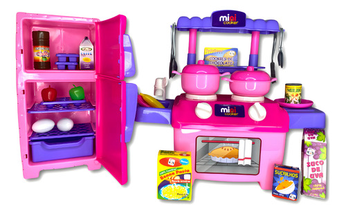  Kit Completo Cozinha Infantil Comida Com Fogão E Geladeira