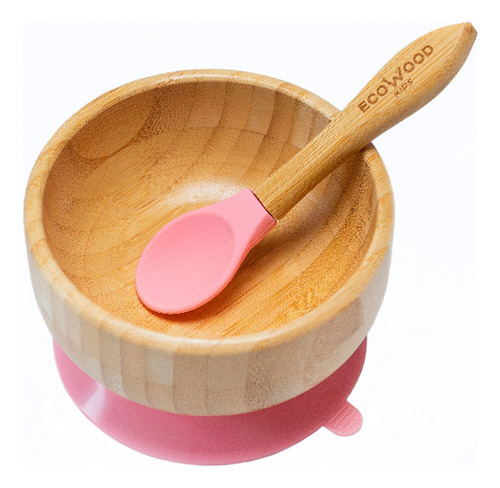 Tazón Y Cuchara Para Bebé De Bambú Ecowood Base Silicona Color Rosa Bowl Bambú