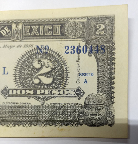 Billete Serie A, Gob. Prov. De México. Dos Pesos 1916. Xf. (Usado)
