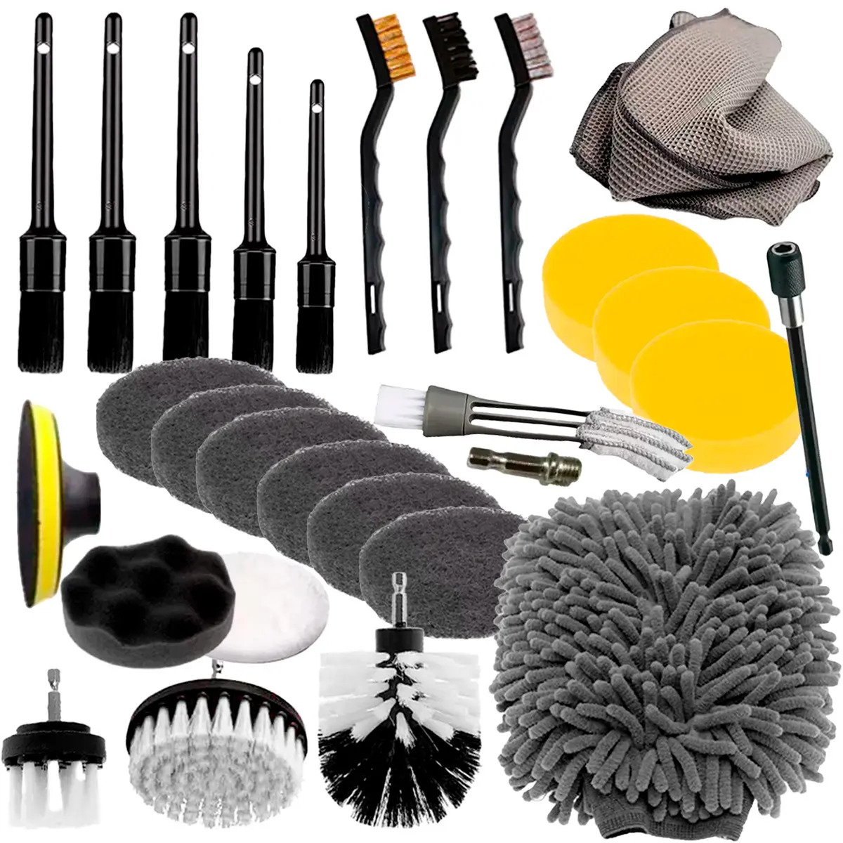 Kit 27pz Limpieza Coche Cepillo Esponja Almohadillas Pulidoras Automotriz Set Gris Adaptador Taladro