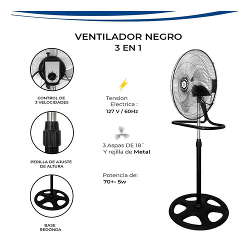 Ventilador 3 En 1 Negro Con 3 Aspas De Metal 18 50 Cm 60hz Negro Azul Metal 3