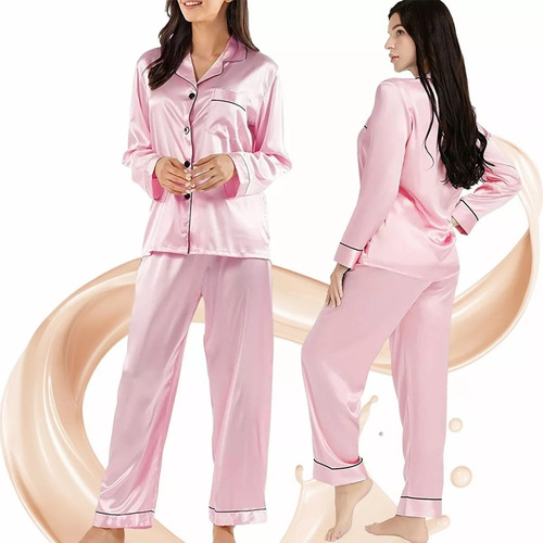 Pijama Mujer Seda Pantalon Largo Camisa Sexy Boton Bolsillos