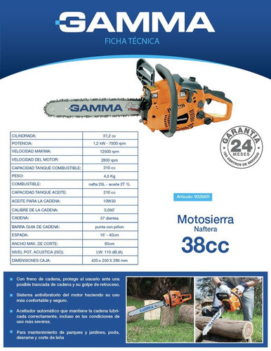 Imagen 2 de 7 de Motosierra a nafta Gamma Máquinas 37.2cc G9026AR 1.2kW