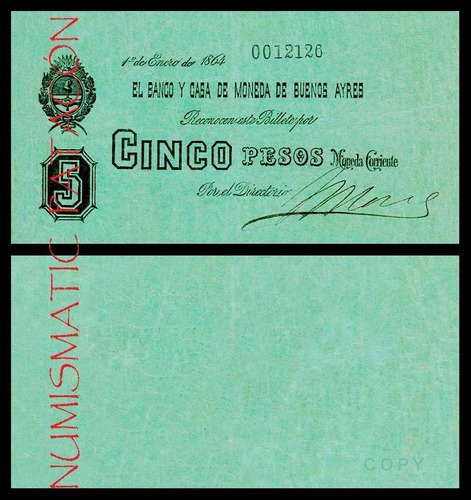 Billete 5 Pesos Moneda Corriente Buenos Aires 1864 Copia 442