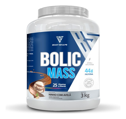 Hipercalórico Bolic Mass 3kg 44g Proteína - Body Shape Sabor Ninho Com Avelã