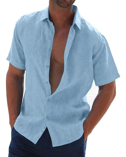 Camisa Lino Hombre Manga Corta Casual Hawaiana Playa