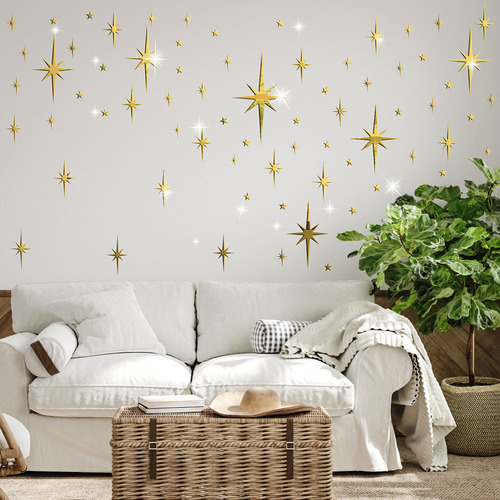 Calcomanias De Pared 3d Estrellas Espejos Dorados Adhesivas