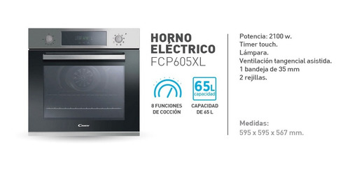 Imagen 5 de 6 de Horno Eléctrico Candy Fcp605xl 65 Lts 2100 W 8 Funciones