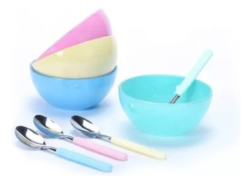 Set 4 Bowls Vidrio Mas 4 Cucharas Colores Carol Soft 