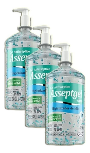 Álcool Em Gel Antisséptico 420gr Asseptgel Fresh Blue Kit 3