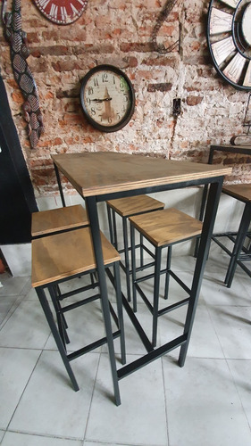 Imagen 3 de 5 de Mesa Barra Bar Hierro Madera 100x40x105 + 4 Taburetes 30x30