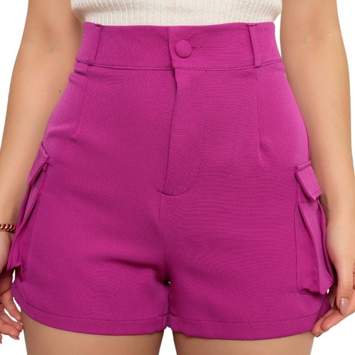 Shorts Feminino Cintura Alta Alfaiataria Bolso Cargo Social