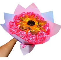 Comprar Ramo  De Girasol Y 12 Rosas Eternas De Liston 