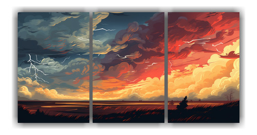 90x45cm Cuadros De Tormenta De Rayos En Tonos Rojo Y Marrón