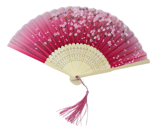 Leque Pequeno Oriental - Rosa Com Flores 38cm