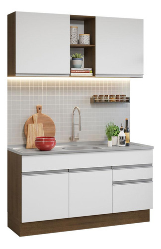 Armário De Cozinha Compacta Com Pia 150cm Glamy Madesa 03r Cor Rustic/Branco