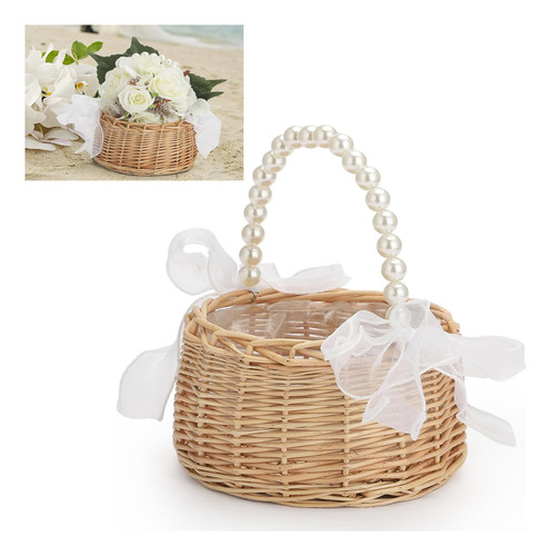 Cesta De Ratán Para Boda Con Asa De Perlas