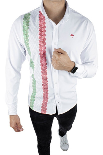 Camisa Hombre Casual Slim Fit Guayabera Blanca Tricolor M&r