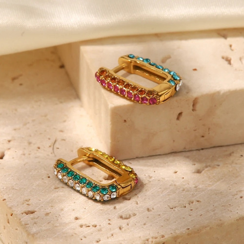 Aretes Arracadas Rectangular Multicolor Rainbow Baño Oro 18k