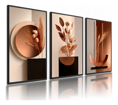 Kit 3 Quadros Decorativos Abstratos Florais Tons Terrosos Preto Kit 3 Quadros Decorativos Abstratos Florais Tons Terrosos