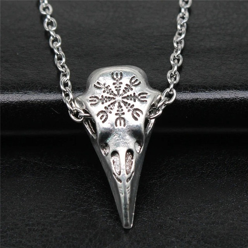 Imagen 2 de 6 de Collar Vikingo Calavera Cuervo Acero Quirúrgico - Runa Jonsu