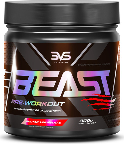 Pré-treino Beast 300g Sabor: Frutas Vermelhas - Ultra Concentrado - Promove Vasodilatação, Recuperação Energética, Aumento De Óxido Nítrico, Desintoxicação E Melhora De Concentração E Foco