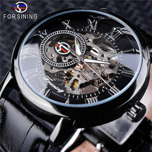 Reloj Mecánico Black Shell Black Face Silver Word