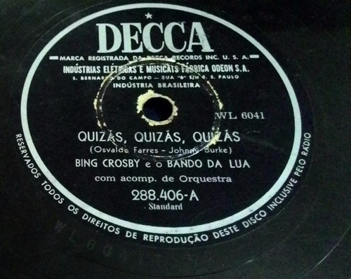 Disco Bing Crosby E Bando Da Lua 78rpm Maria Bonita Decca