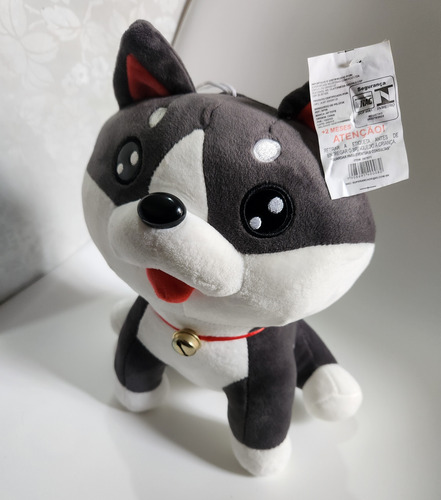 Pelúcia Husky Siberiano De Coleira Com Sininho 30cm Fofinho Cinza