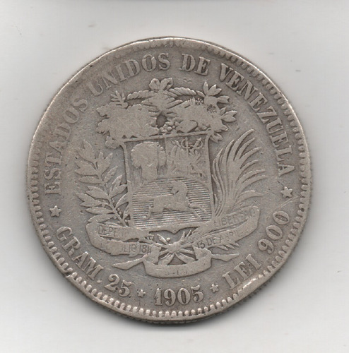Moneda De 5 Bs  Fuerte  Plata 1905
