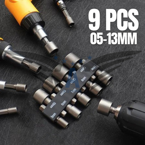 Jogo Chave Canhão Soquete Sextavado Aço Parafusadeira 9 Peças Kit Bits Sextavada Canhao Aletronix 5 6 7 8 9 10 11 13mm