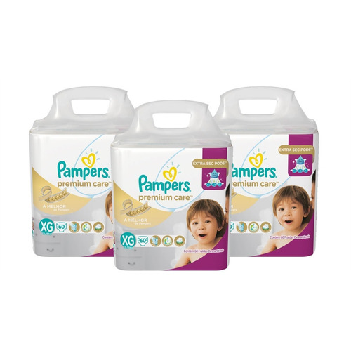 Kit 3 Fraldas Pampers Premium Care Tamanho Xg  180 Unidades