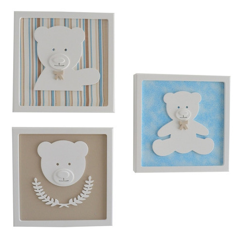 Enfeite Kit Quadros Parede Urso Bebe Decoração Quarto Menino