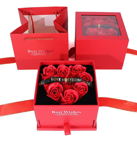 Caja Con Ventana, 9 Corazones, Rosas Rojas, Para El Día De S