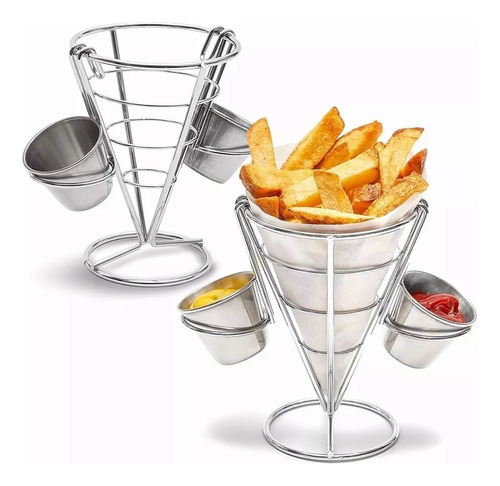 Cono Soporte Papas Fritas Y Botana Acero Inoxidable 2 Dips