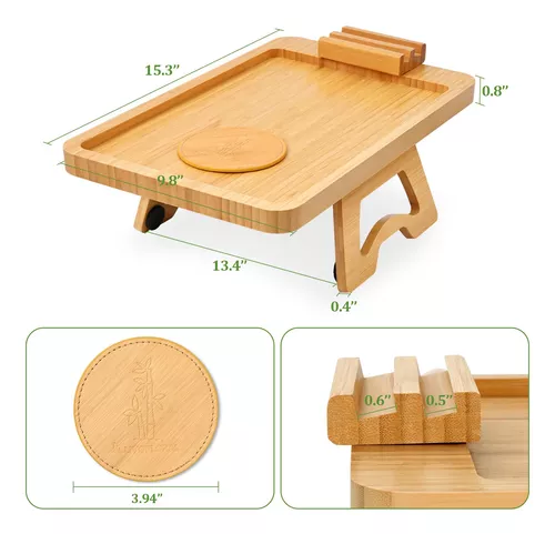 Sofá de bambú con clip en la mesa auxiliar para sofás anchos, bandeja  plegable para sofá con soporte giratorio de 360°, mesa con reposabrazos  para