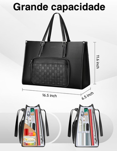 Bolsa Feminina para notebook com compartimento Térmico para Almoço Bolsa Tote Executiva PU Couro 15,6 Polegadas Mochila Conversível Leve para Trabalho e Escritório, Matein 1447 Cor Preto