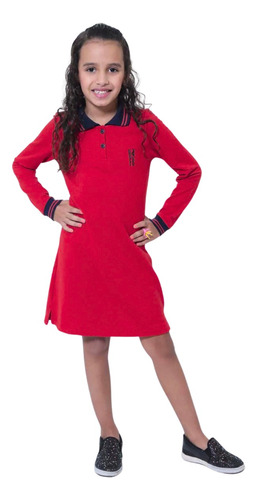 Vestido Polo Infantil Manga Longa Vermelho